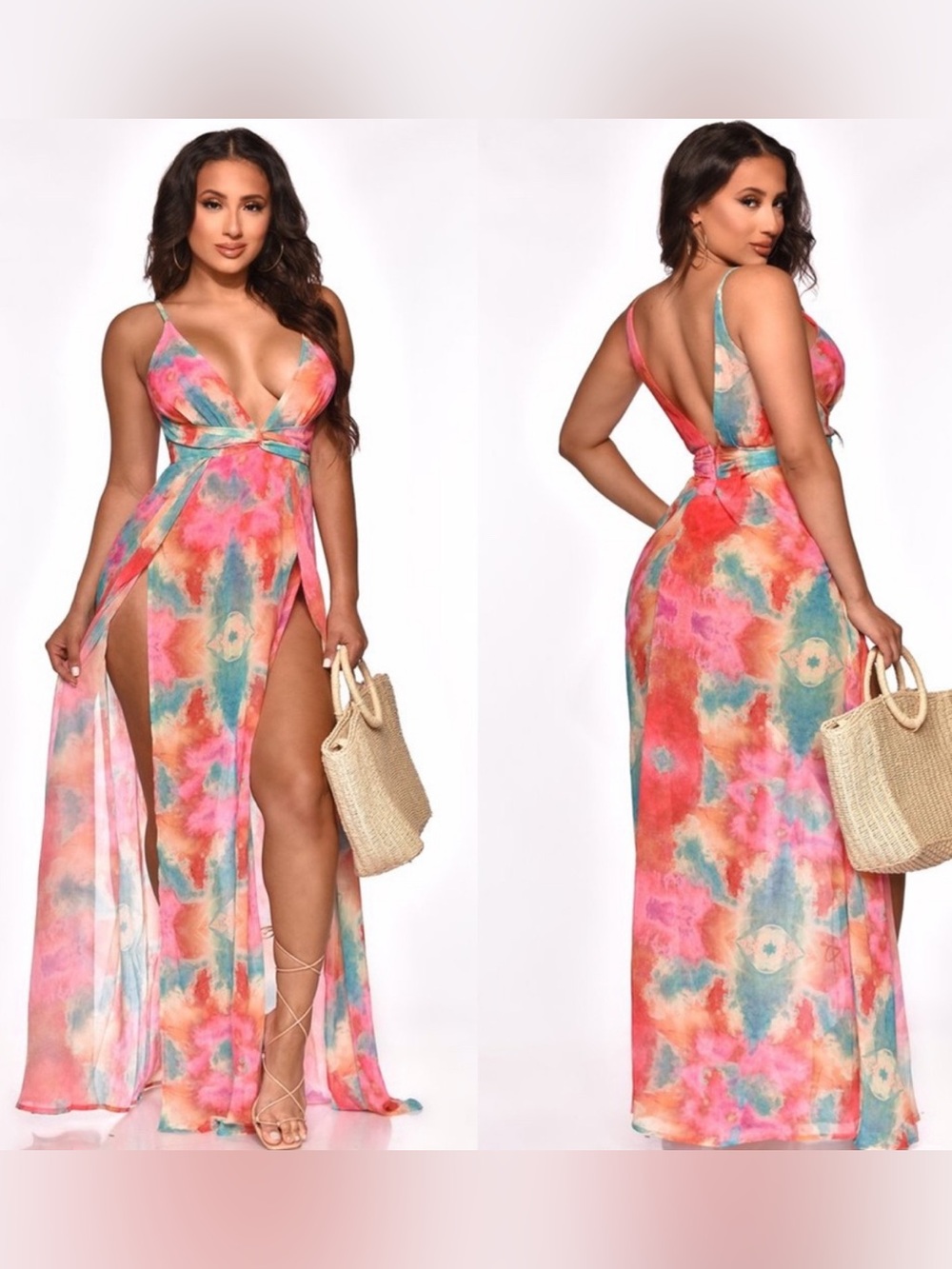 NWT;Luxxel Multicolor Tie-Dye Plunging V-Neck Maxi Dress🌸